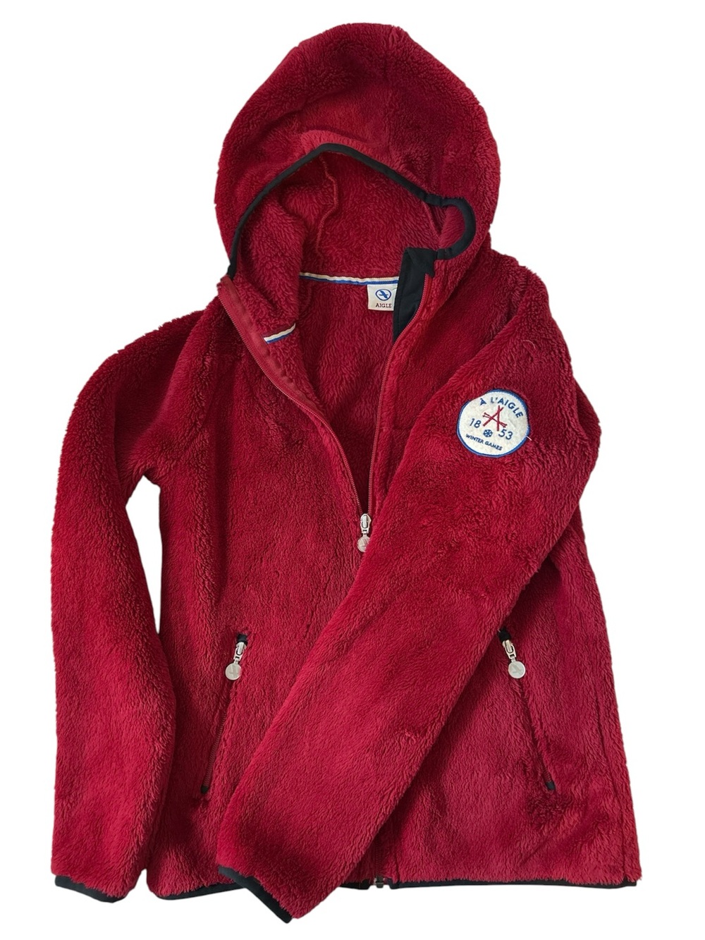 Aigle Brick Red Sherpa Zip up Hoodie Fleece Winter Games Edition Riding Jacket